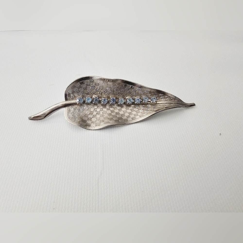 Chic Silver Leaf Brooch Basket Pattern Textured W… - image 2